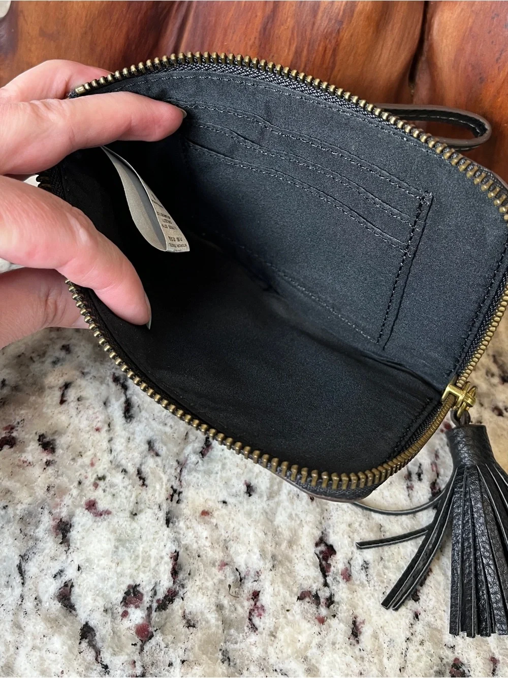 Fossil Black Pebbled Leather Tassel Wristlet